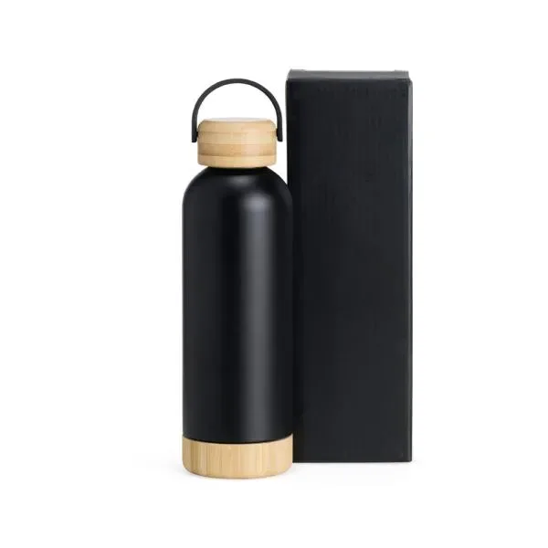 Garrafa Parede Dupla Com Detalhes Em Bambu - Preta - 500 Ml (SM-IS-01541) personalizado | D.JOB