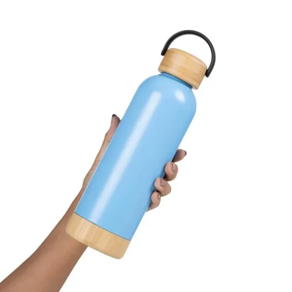 Garrafa Parede Dupla Com Detalhes Em Bambu - Azul - 500 Ml (SM-IS-01543) — foto 5 | D.JOB