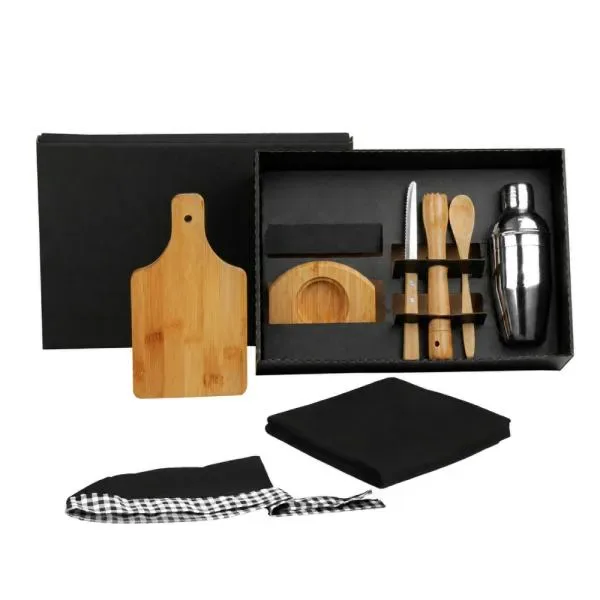 Kit Para Caipirinha Em Bambu / Madeira Com Avental E Bandana - 0,35 L - 8 Pçs (SM-KE-01423) personalizado | D.JOB