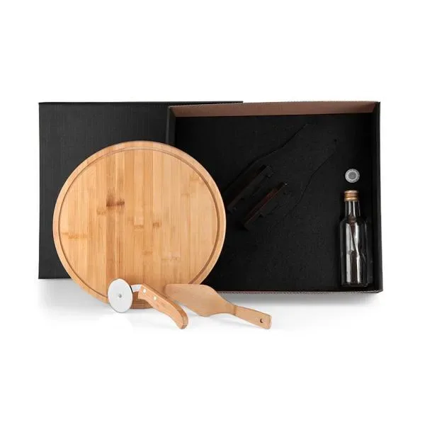 Kit Para Pizza Com Garrafa - Bambu / Inox / Vidro - 4 Pçs (SM-KT-90169) personalizado | D.JOB