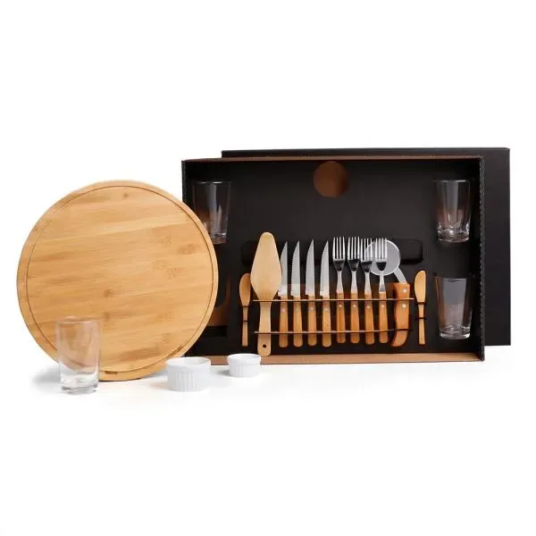 Kit Pizza Em Bambu Com Copos - 19 Pçs (SM-KT-9019X) personalizado | D.JOB