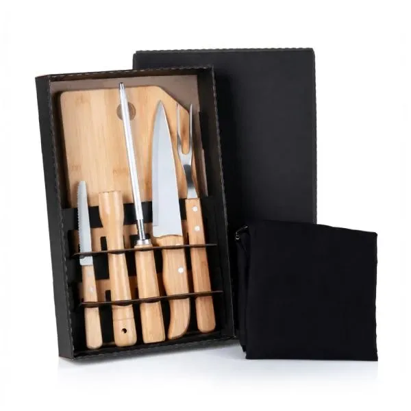 Kit Para Churrasco Em Bambu / Madeira / Inox Com Avental- 8 Pçs (SM-ME-20883) personalizado | D.JOB