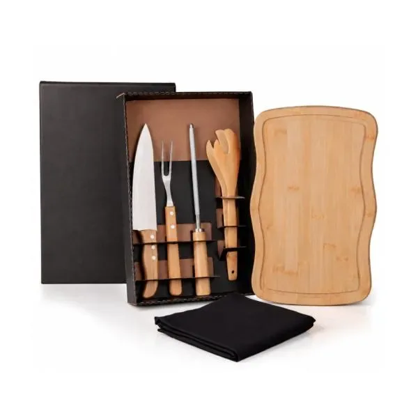 Kit Para Churrasco Em Bambu / Madeira / Inox Com Avental - 6 Pçs (SM-ME-32813) personalizado | D.JOB