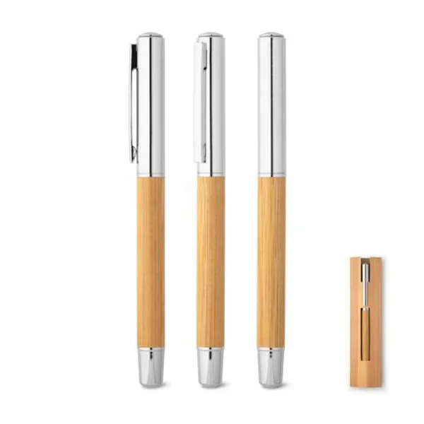 Caneta roller em aço inox 90% reciclado e bambu com escrita em azul (SP-91776) personalizado | D.JOB
