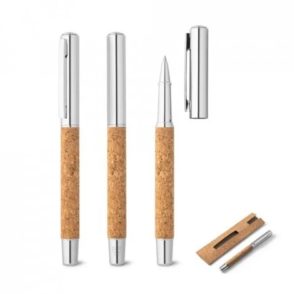 Caneta roller em aço inox 90% reciclado e cortiça com escrita em azul (SP-91783) personalizado | D.JOB