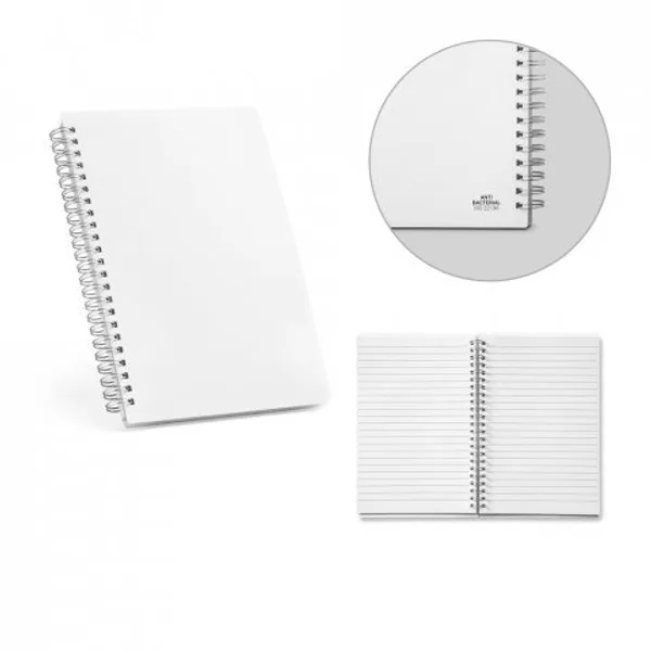Caderno A5 de capa flexível em PP, com tratamento antibacteriano e páginas pautadas recicladas (SP-93474) personalizado | D.JOB