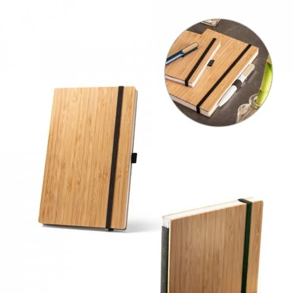 Caderno A5 de capa e contracapa em placa de bambu e lombada em PET 100% reciclado, com páginas pautadas recicladas (SP-93582) personalizado | D.JOB