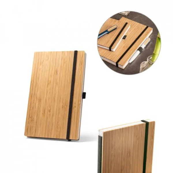 Caderno de bolso com capa e contracapa em placa de bambu e lombada em poliéster 100% reciclado, com páginas lisas recicladas (SP-93583) personalizado | D.JOB