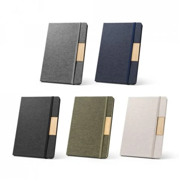 Caderno A5 de capa dura em tecido PET 100% reciclado, com páginas pautadas em papel 100% reciclado (SP-93585) personalizado | D.JOB