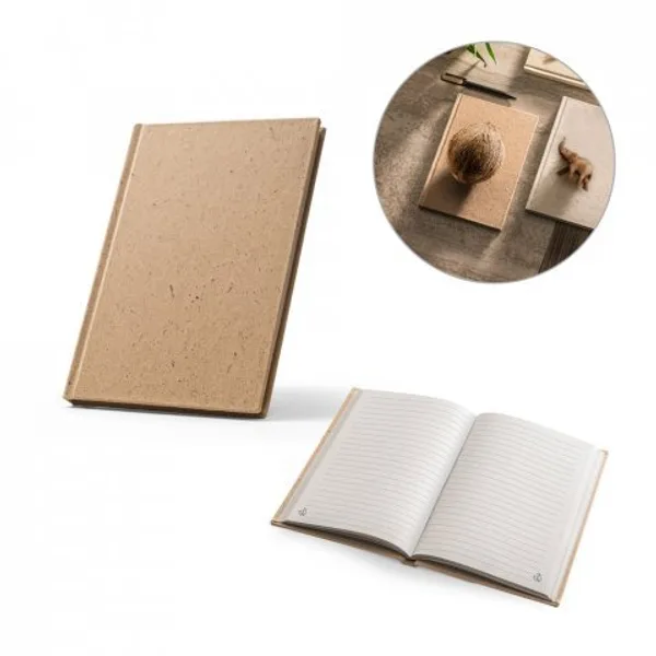 Caderno A5 em casca de coco (60%) e trapos de algodão (40%), com 160 páginas pautadas recicladas (SP-93622) personalizado | D.JOB