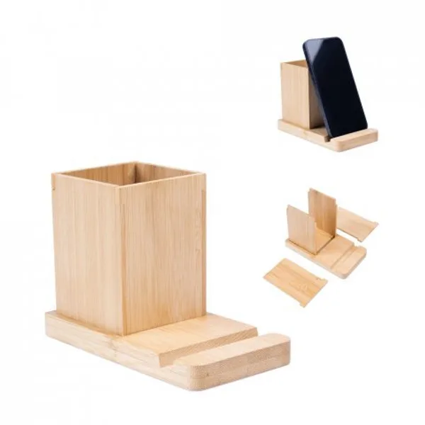 Conjunto de secretária com suporte para celular e copo, em bambu (SP-93638) personalizado | D.JOB