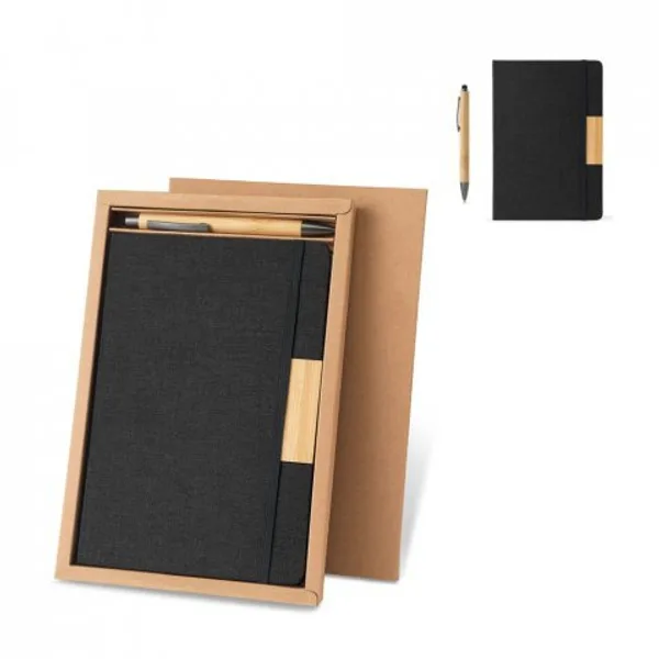 Conjunto composto por 1 caderno A5 com capa rígida e 1 caneta esferográfica em bambu (SP-93655) personalizado | D.JOB