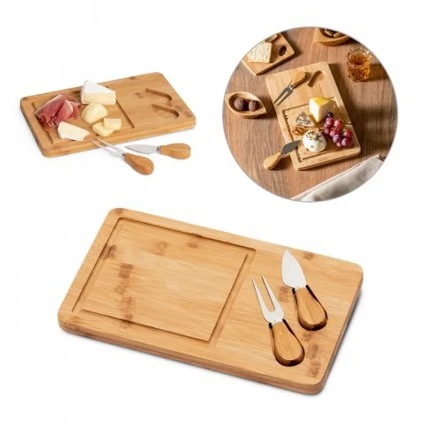 Tábua de queijos em bambu com 2 utensílios em bambu e aço inox (SP-93830) personalizado | D.JOB