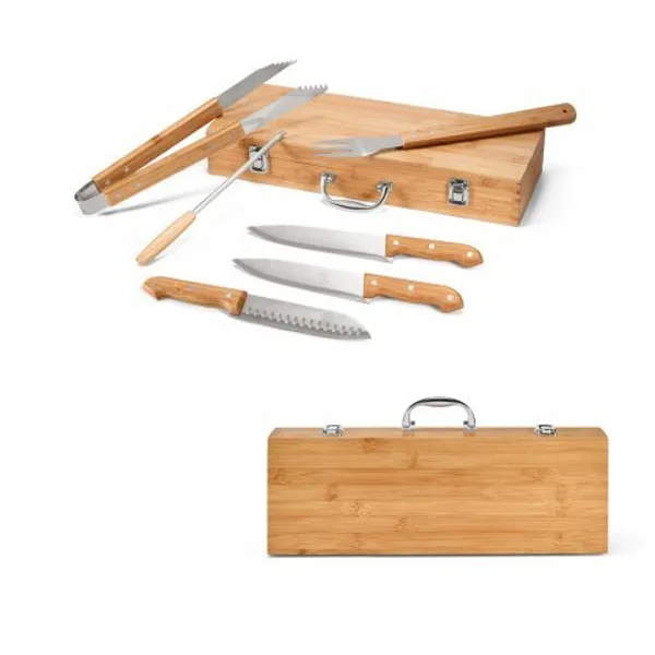 Kit churrasco em estojo de bambu com 6 peças em aço inox e bambu (SP-93844) personalizado | D.JOB