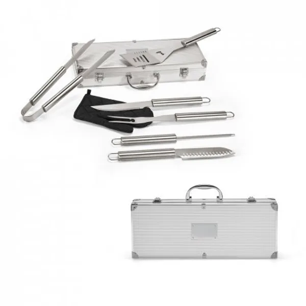 Kit churrasco em estojo de alumínio com luva de cozinha em poliéster e 6 utensílios em aço inox (SP-93845) personalizado | D.JOB