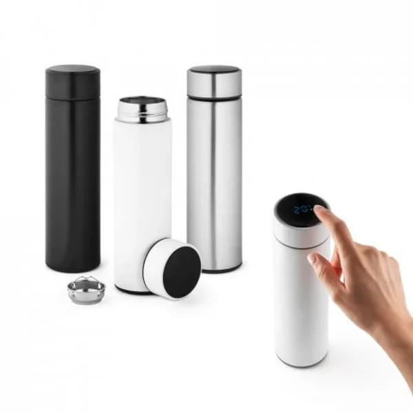 Garrafa térmica em aço inox de parede dupla isolada a vácuo, com termômetro digital (450 mL) (SP-94069) personalizado | D.JOB