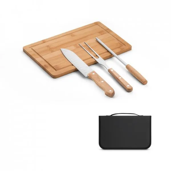Kit churrasco em estojo de 210D com tábua em bambu e 3 utensílios em aço inox e madeira de Seringueira (SP-94107) personalizado | D.JOB