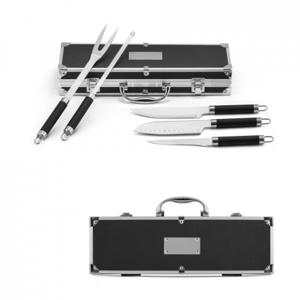 Kit churrasco em estojo de alumínio com 5 utensílios em aço inox e alumínio (SP-94109) personalizado | D.JOB