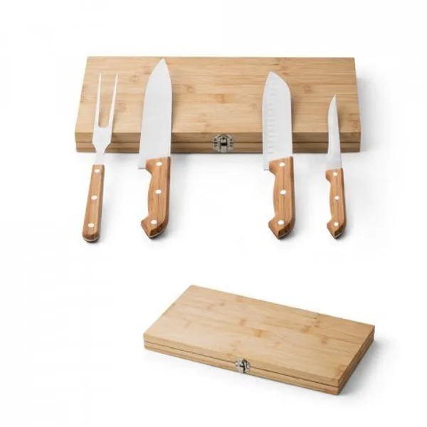 Kit churrasco em caixa bambu com 4 utensílios em aço inox e bambu (SP-94111) personalizado | D.JOB