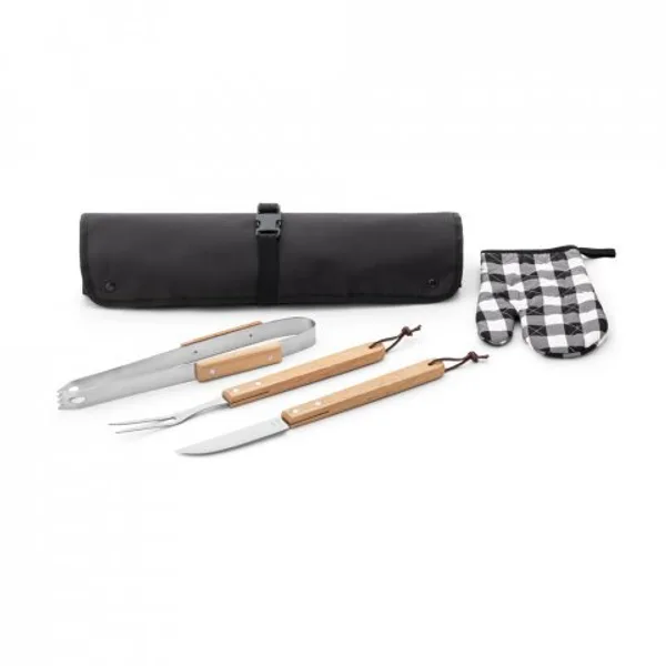 Kit churrasco com 3 utensílios em aço inox e madeira de Seringueira e luva (SP-94112) personalizado | D.JOB
