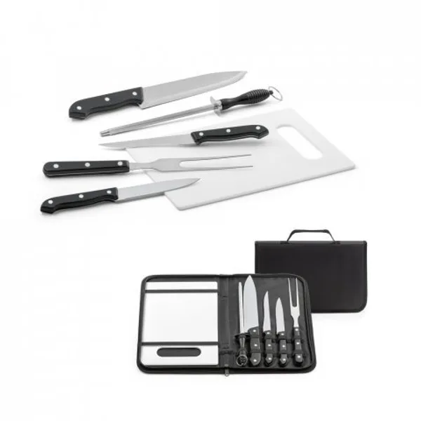 Kit churrasco em estojo de nylon 210D com tábua em PP e 5 utensílios em aço inox e PP (SP-94144) personalizado | D.JOB