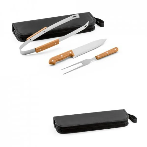 Kit churrasco em estojo de 210D com 3 utensílios em aço inox e madeira de Seringueira (SP-94145) personalizado | D.JOB