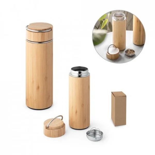 Garrafa térmica em aço inox e bambu, de parede dupla isolada a vácuo (440 mL) (SP-94239) personalizado | D.JOB