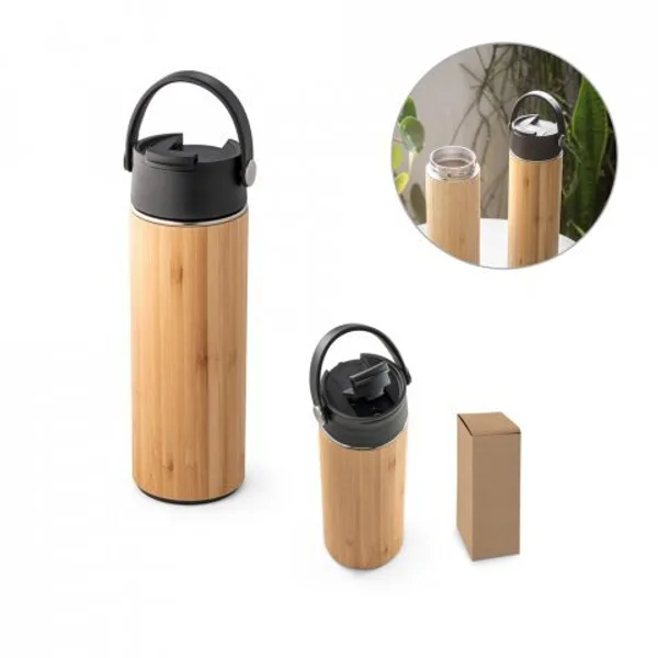 Garrafa térmica em aço inox e bambu, de parede dupla isolada a vácuo (440 mL) (SP-94257) personalizado | D.JOB
