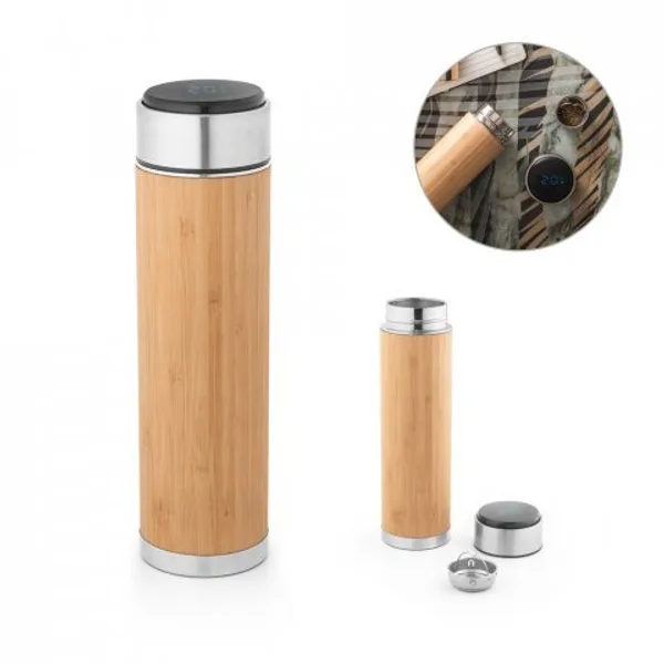 Garrafa térmica em aço inox e bambu, de parede dupla isolada a vácuo, com termómetro digital (430 mL) (SP-94296) personalizado | D.JOB