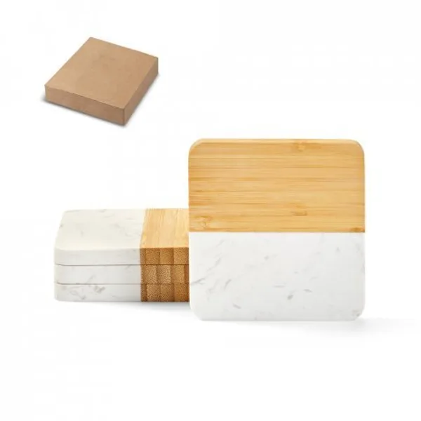 Conjunto de 4 porta copos em mármore e bambu em formato quadrado (SP-94338) personalizado | D.JOB