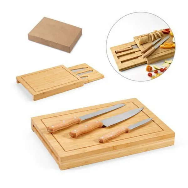 Conjunto de tábuas em bambu com 3 facas inclusas (SP-94339) personalizado | D.JOB