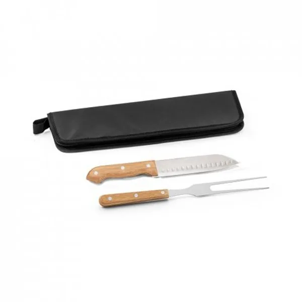 Kit churrasco com estojo em 210D com 2 utensílios em aço inox e cabos em madeira (SP-94365) personalizado | D.JOB