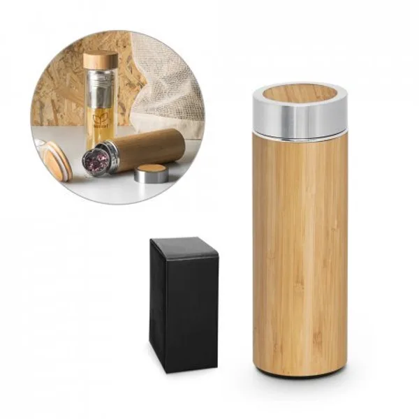 Garrafa térmica em aço inox 90% reciclado e bambu, de parede dupla isolada a vácuo (430 mL) (SP-94683) personalizado | D.JOB