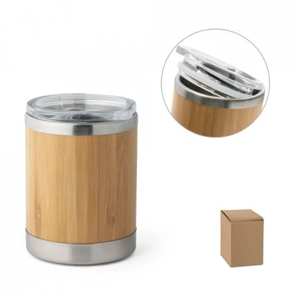 Copo de viagem térmico em aço inox e bambu, de parede dupla isolada a ar e fecho deslizante (350 mL) (SP-94761) personalizado | D.JOB