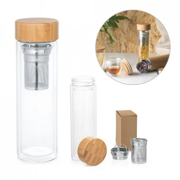 Garrafa térmica em vidro borossilicato de parede dupla isolada a ar, com 2 infusores (490 mL) (SP-94765) personalizado | D.JOB