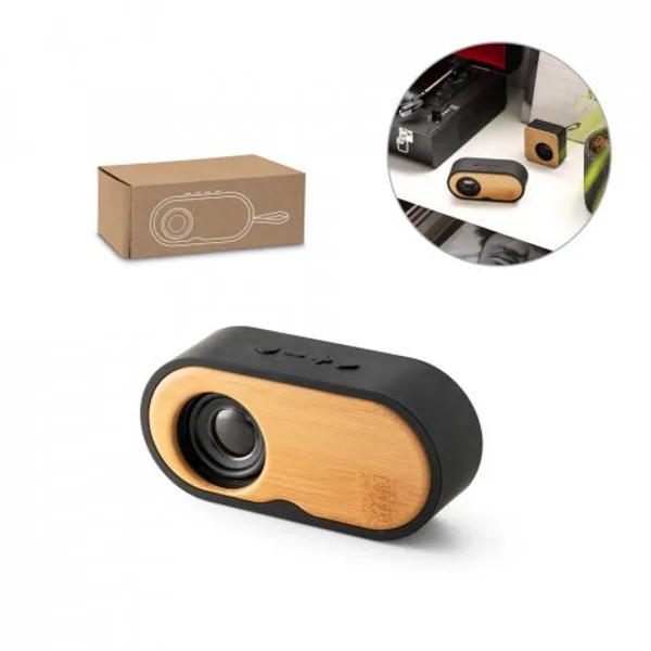 Caixa de som portátil com autonomia de 5h (1.200 mAh), em bambu e ABS 100% reciclado (SP-97095) personalizado | D.JOB