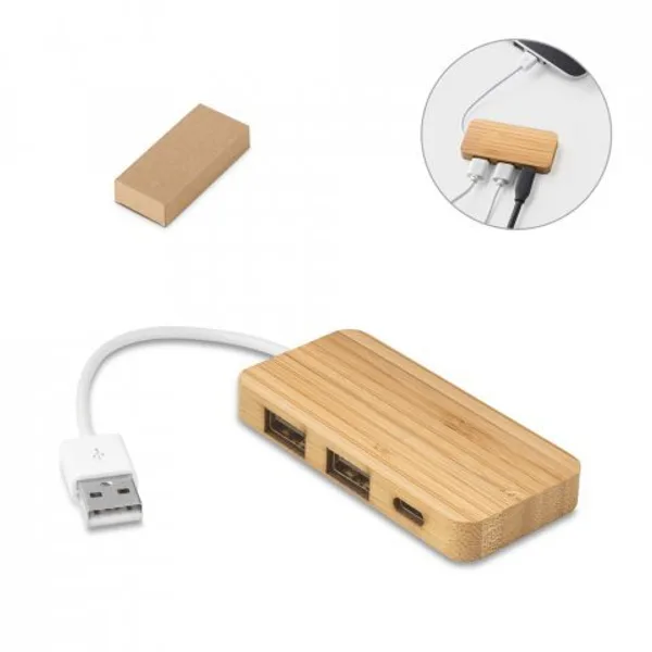 Hub em bambu com 2 portas que permite a transferência de dados (SP-97127) personalizado | D.JOB