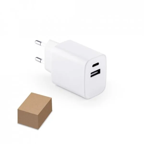 Adaptador de corrente com porta USB-A 18W e USB-C 20W em ABS 100% reciclado (SP-97186) personalizado | D.JOB