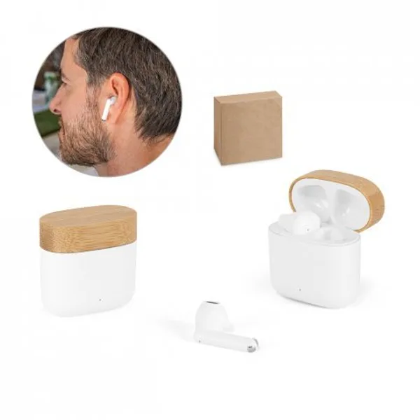 Fones de ouvido wireless com autonomia de 5h (300 mAh), em ABS 100% reciclado e bambu (SP-97193) personalizado | D.JOB