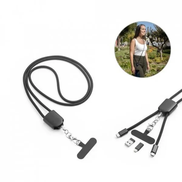 Cordão lanyard com suporte para celular incluso, cabo USB-C e diversos adaptadores em ABS reciclado e TPE reciclado (SP-97194) personalizado | D.JOB