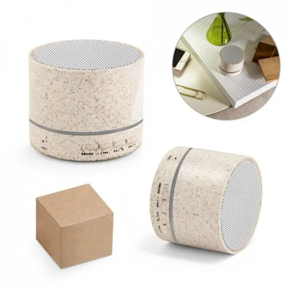 Caixa de som portátil com microfone e autonomia de 4h30 (400 mAh), em fibra de palha de trigo e ABS 100% reciclado (SP-97930) personalizado | D.JOB